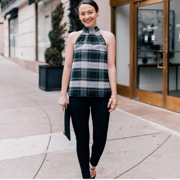 J. Crew High Halter Neck Sleeveless Plaid Tie Back Green and Navy Blue Chic Top - Picture 1 of 5